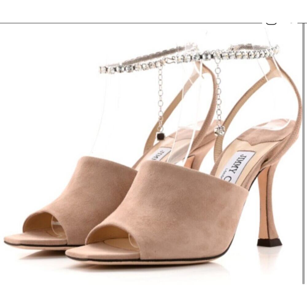 Jimmy Choo Sae 90 Crystal Ankle Wrap Tan Suede Sandals Heels EU 37 Bridal